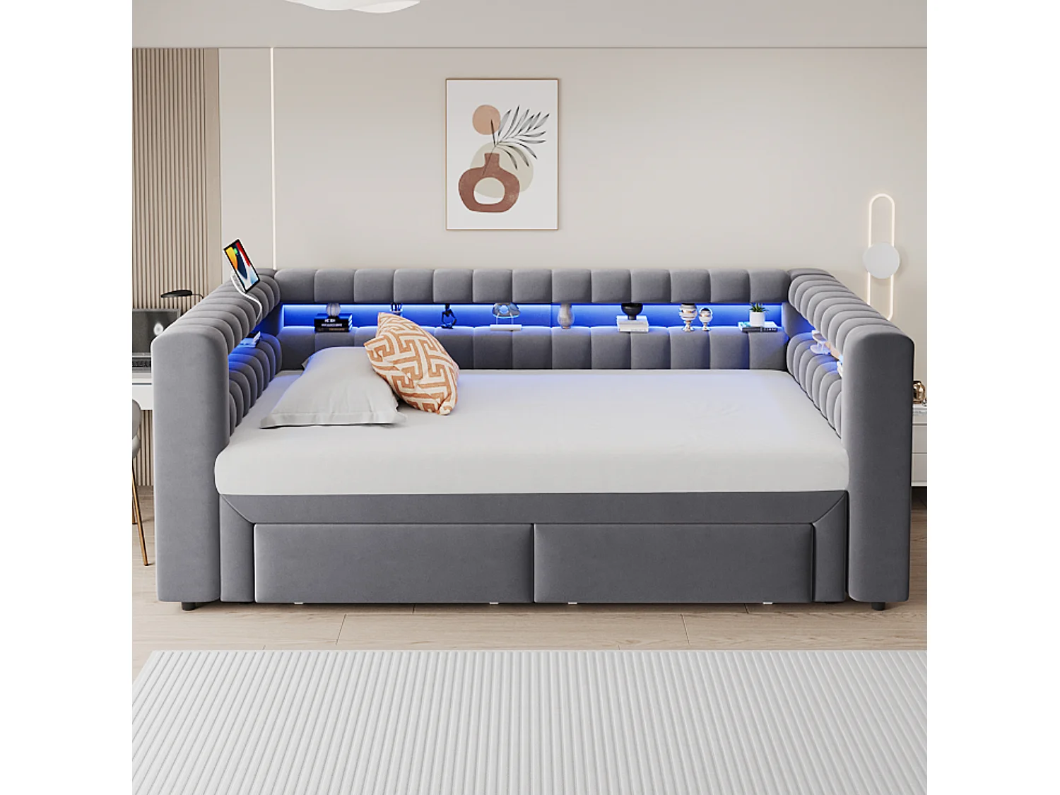 Lit gigogne capitonné 90 x 190 cm extensible 180 x 190 cm avec rangement, LED et ports USB - Velours + MDF - Gris foncé (Sans matelas)