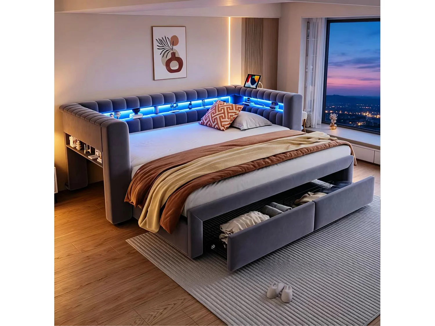 Lit gigogne capitonné 90 x 190 cm extensible 180 x 190 cm avec rangement, LED et ports USB - Velours + MDF - Gris foncé (Sans matelas)