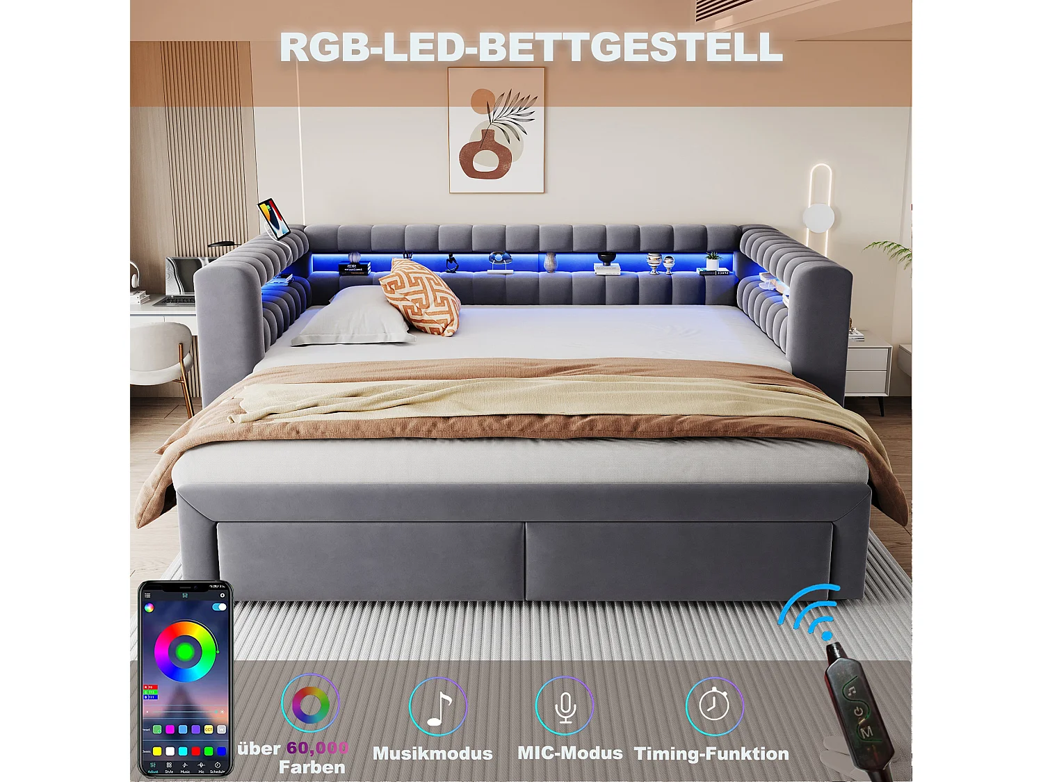Lit gigogne capitonné 90 x 190 cm extensible 180 x 190 cm avec rangement, LED et ports USB - Velours + MDF - Gris foncé (Sans matelas)
