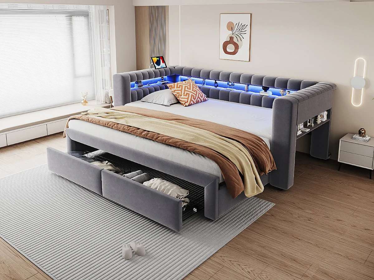Lit gigogne capitonné 90 x 190 cm extensible 180 x 190 cm avec rangement, LED et ports USB - Velours + MDF - Gris foncé (Sans matelas)