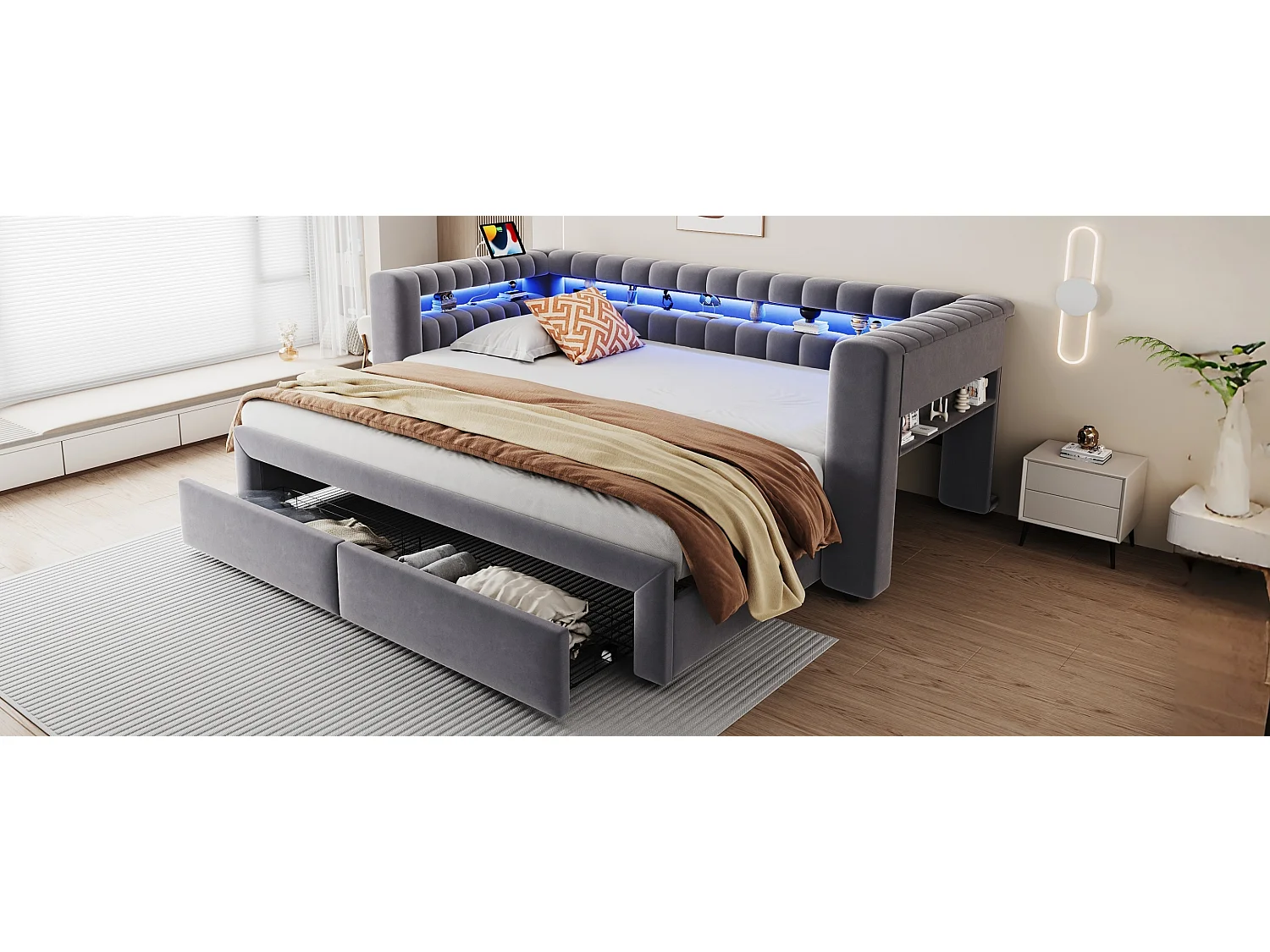 Lit gigogne capitonné 90 x 190 cm extensible 180 x 190 cm avec rangement, LED et ports USB - Velours + MDF - Gris foncé (Sans matelas)