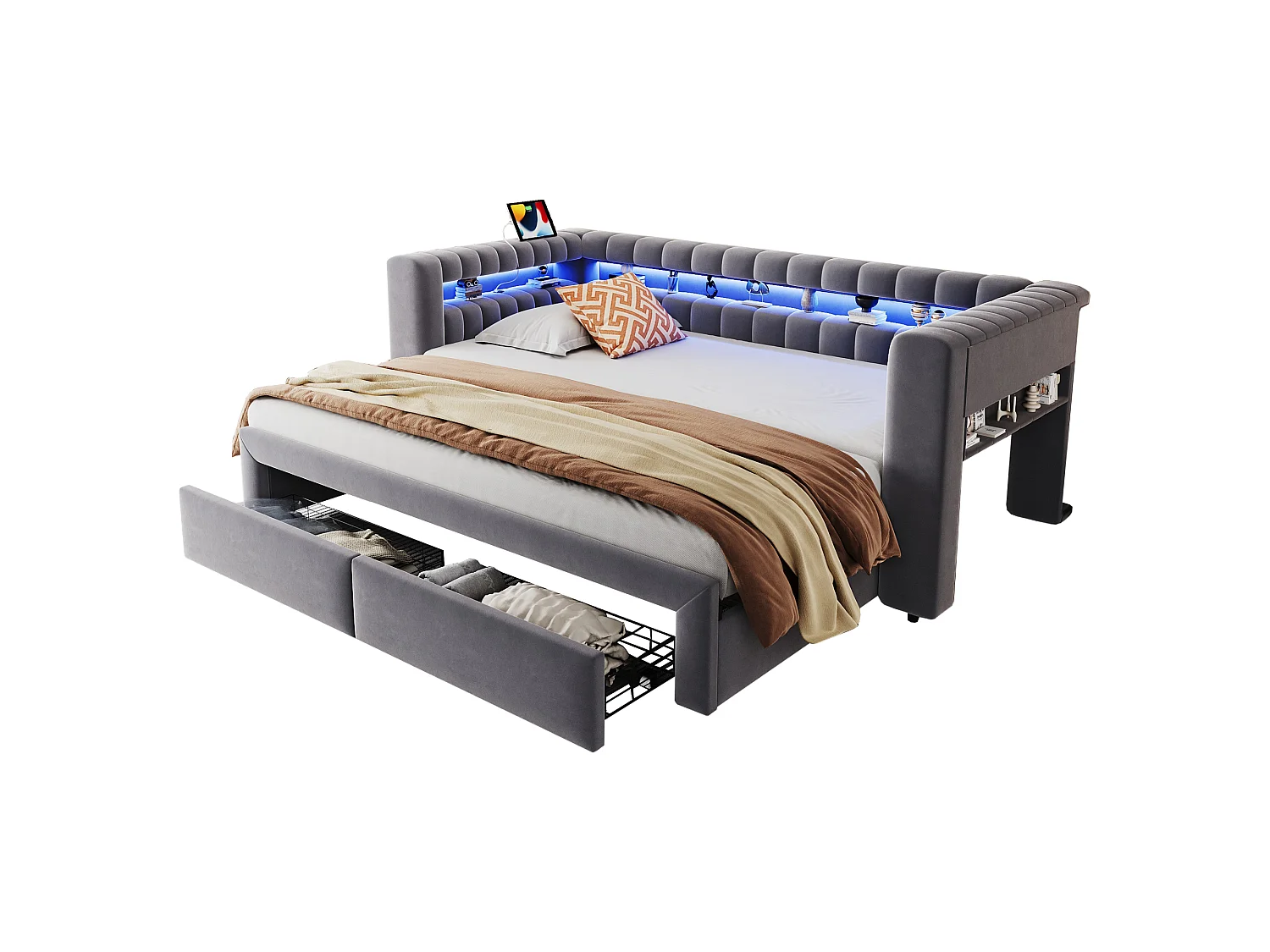 Lit gigogne capitonné 90 x 190 cm extensible 180 x 190 cm avec rangement, LED et ports USB - Velours + MDF - Gris foncé (Sans matelas)