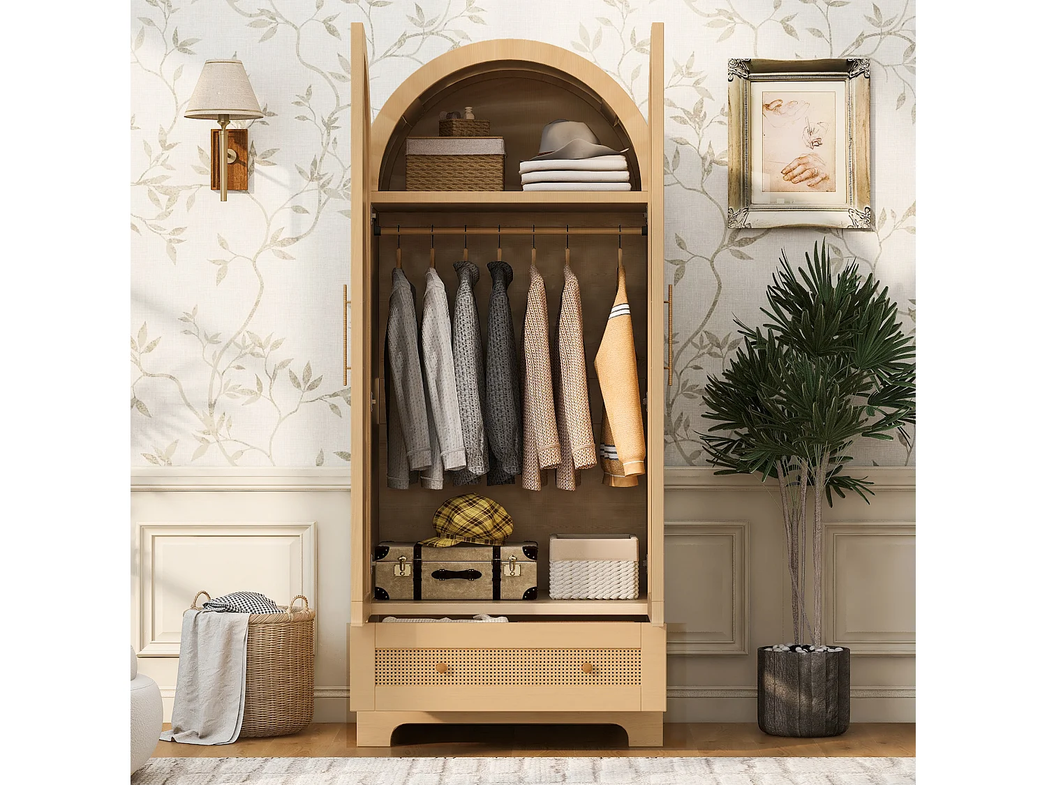 Armoire 2 portes avec portes effet rotin et 1 tiroir - Bois, métal, contreplaqué et MDF - 70 x 55 x 170 cm - Bois naturel