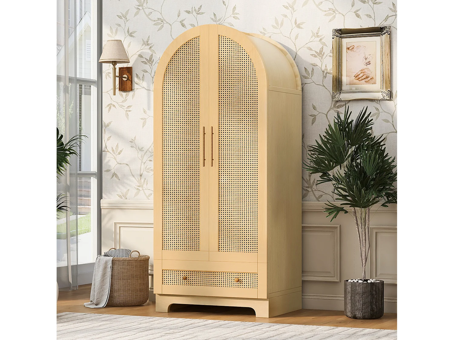 Armoire 2 portes avec portes effet rotin et 1 tiroir - Bois, métal, contreplaqué et MDF - 70 x 55 x 170 cm - Bois naturel