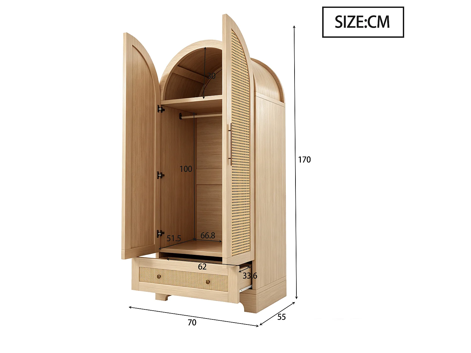 Armoire 2 portes avec portes effet rotin et 1 tiroir - Bois, métal, contreplaqué et MDF - 70 x 55 x 170 cm - Bois naturel