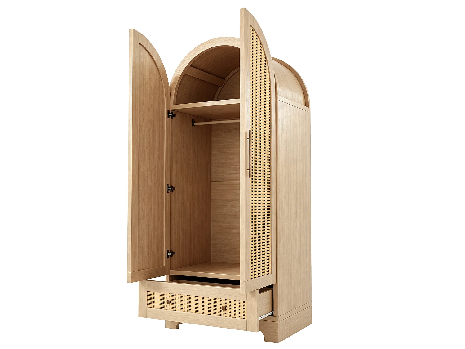 Armoire 2 portes avec portes effet rotin et 1 tiroir - Bois, métal, contreplaqué et MDF - 70 x 55 x 170 cm - Bois naturel