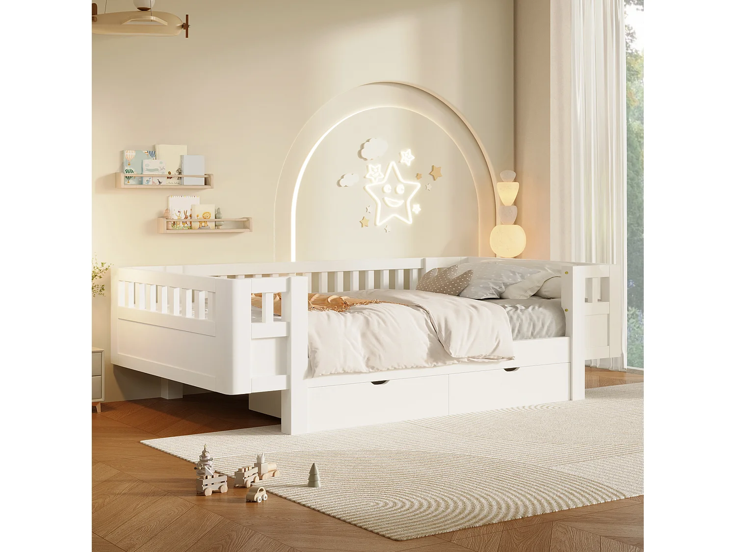 Letto per bambini 90 x 200 cm con sponda di sicurezza alta e 2 ampi cassetti - MDF + pino - Bianco (Materasso non incluso)
