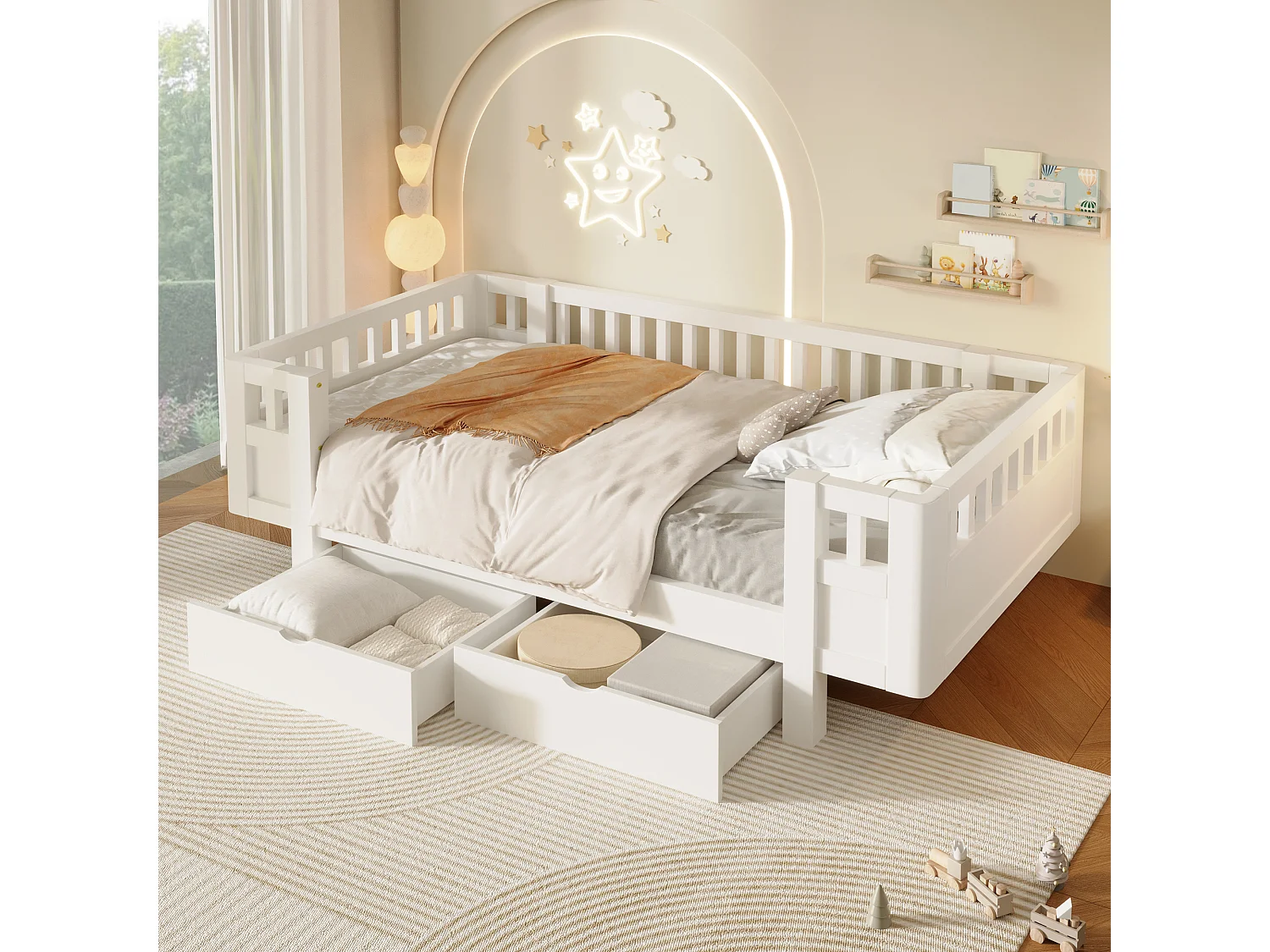 Letto per bambini 90 x 200 cm con sponda di sicurezza alta e 2 ampi cassetti - MDF + pino - Bianco (Materasso non incluso)