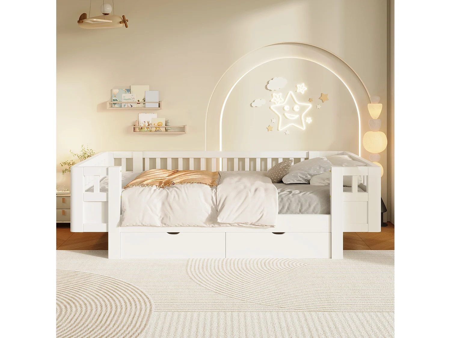 Letto per bambini 90 x 200 cm con sponda di sicurezza alta e 2 ampi cassetti - MDF + pino - Bianco (Materasso non incluso)