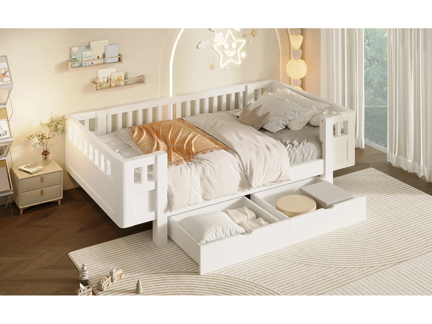 Letto per bambini 90 x 200 cm con sponda di sicurezza alta e 2 ampi cassetti - MDF + pino - Bianco (Materasso non incluso)