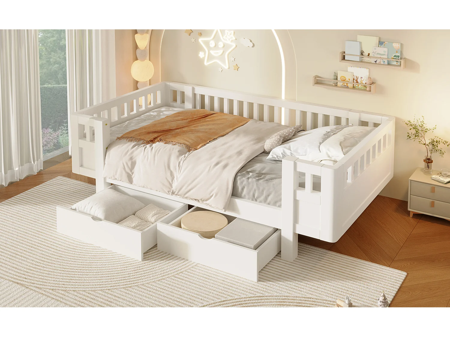 Letto per bambini 90 x 200 cm con sponda di sicurezza alta e 2 ampi cassetti - MDF + pino - Bianco (Materasso non incluso)