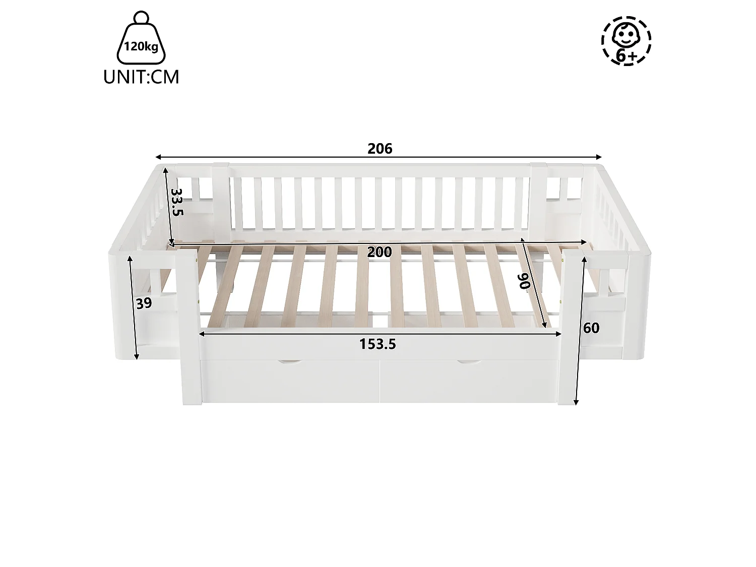 Letto per bambini 90 x 200 cm con sponda di sicurezza alta e 2 ampi cassetti - MDF + pino - Bianco (Materasso non incluso)