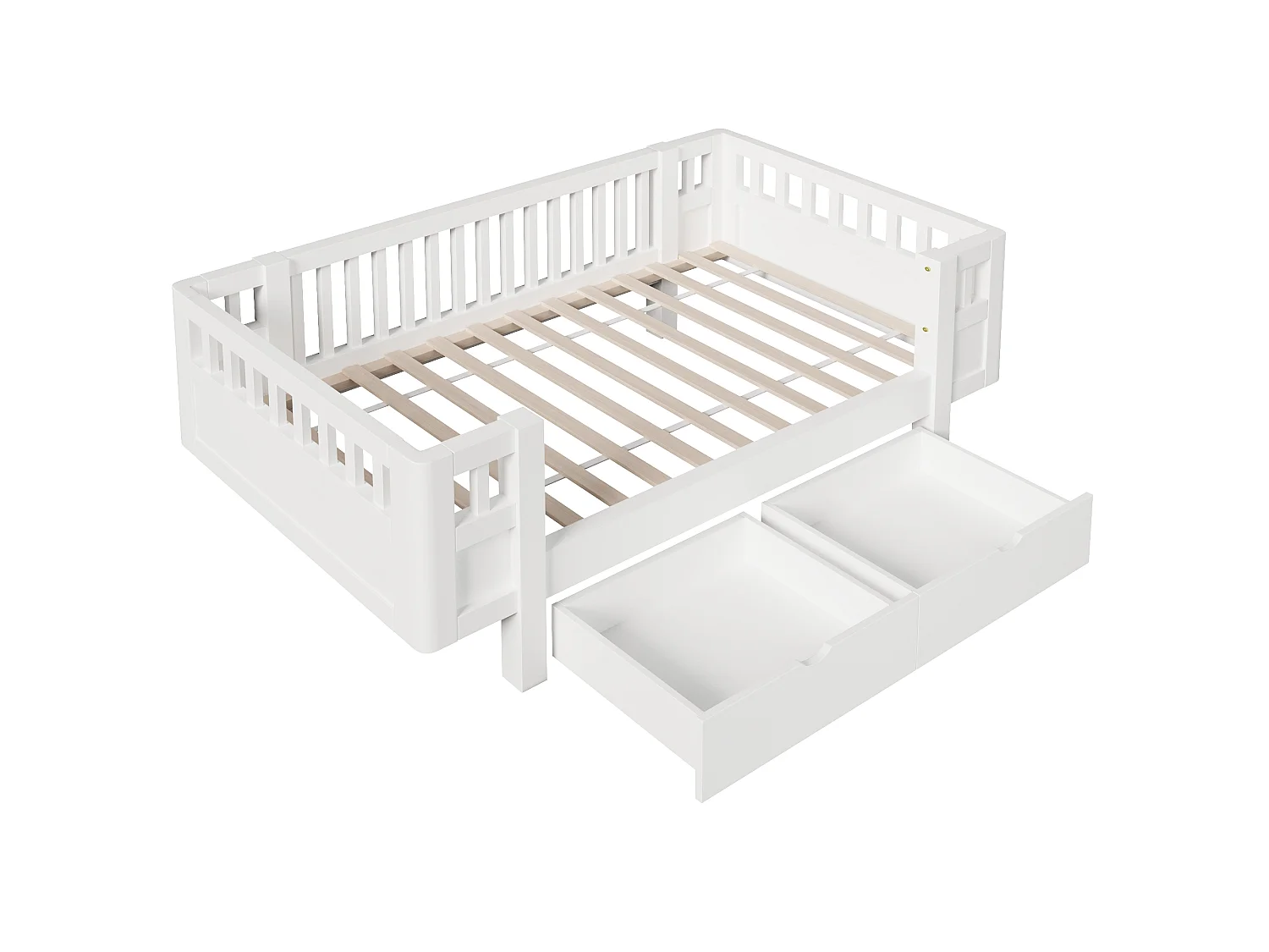 Letto per bambini 90 x 200 cm con sponda di sicurezza alta e 2 ampi cassetti - MDF + pino - Bianco (Materasso non incluso)