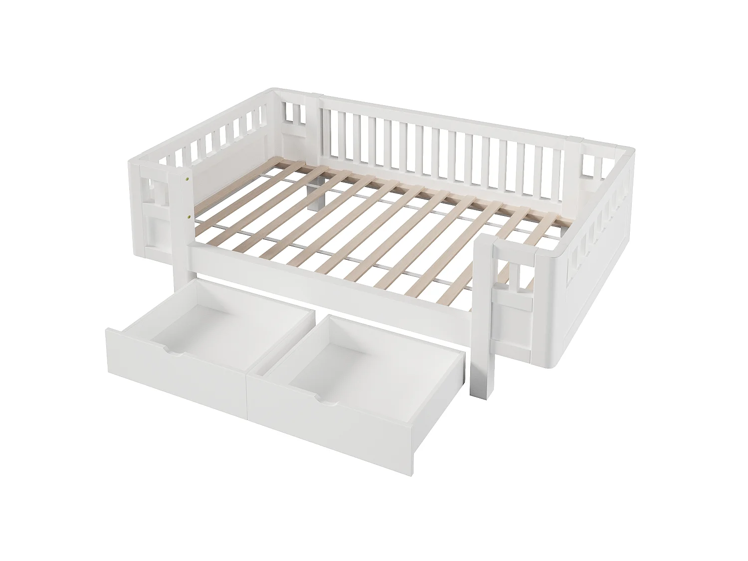 Letto per bambini 90 x 200 cm con sponda di sicurezza alta e 2 ampi cassetti - MDF + pino - Bianco (Materasso non incluso)