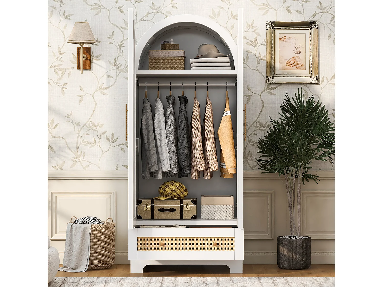 Guarda-roupa de 2 portas com efeito rattan e 1 gaveta - Madeira, metal, madeira compensada e MDF - 70 x 55 x 170 cm - Branco