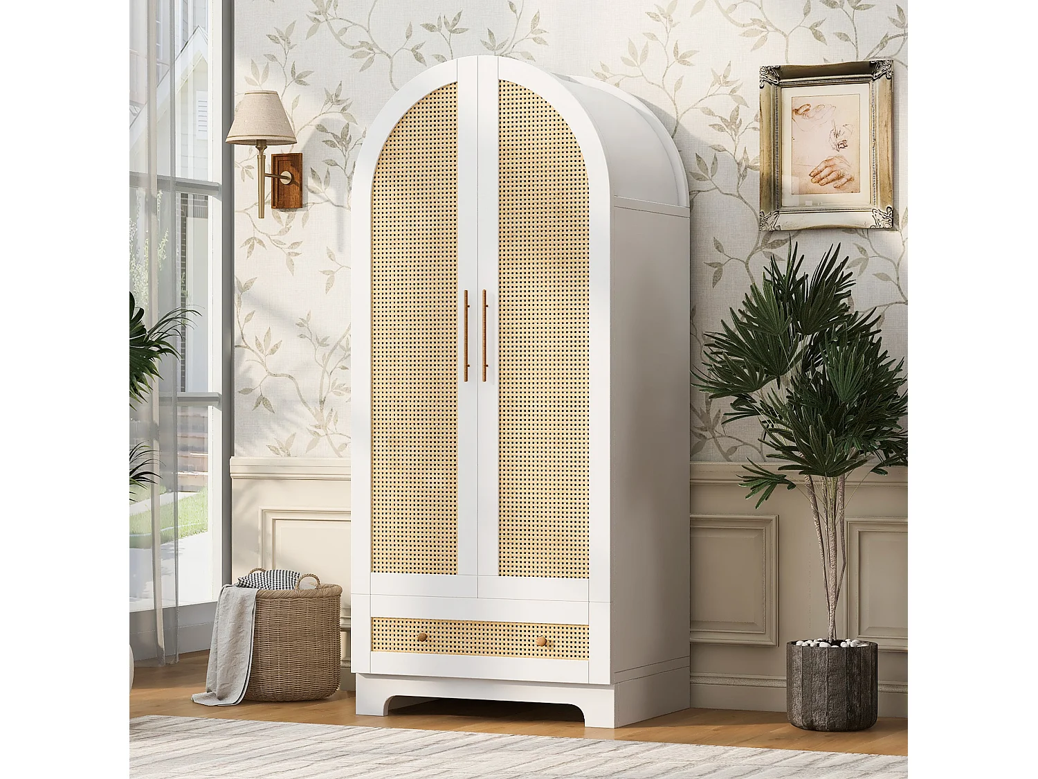 Guarda-roupa de 2 portas com efeito rattan e 1 gaveta - Madeira, metal, madeira compensada e MDF - 70 x 55 x 170 cm - Branco