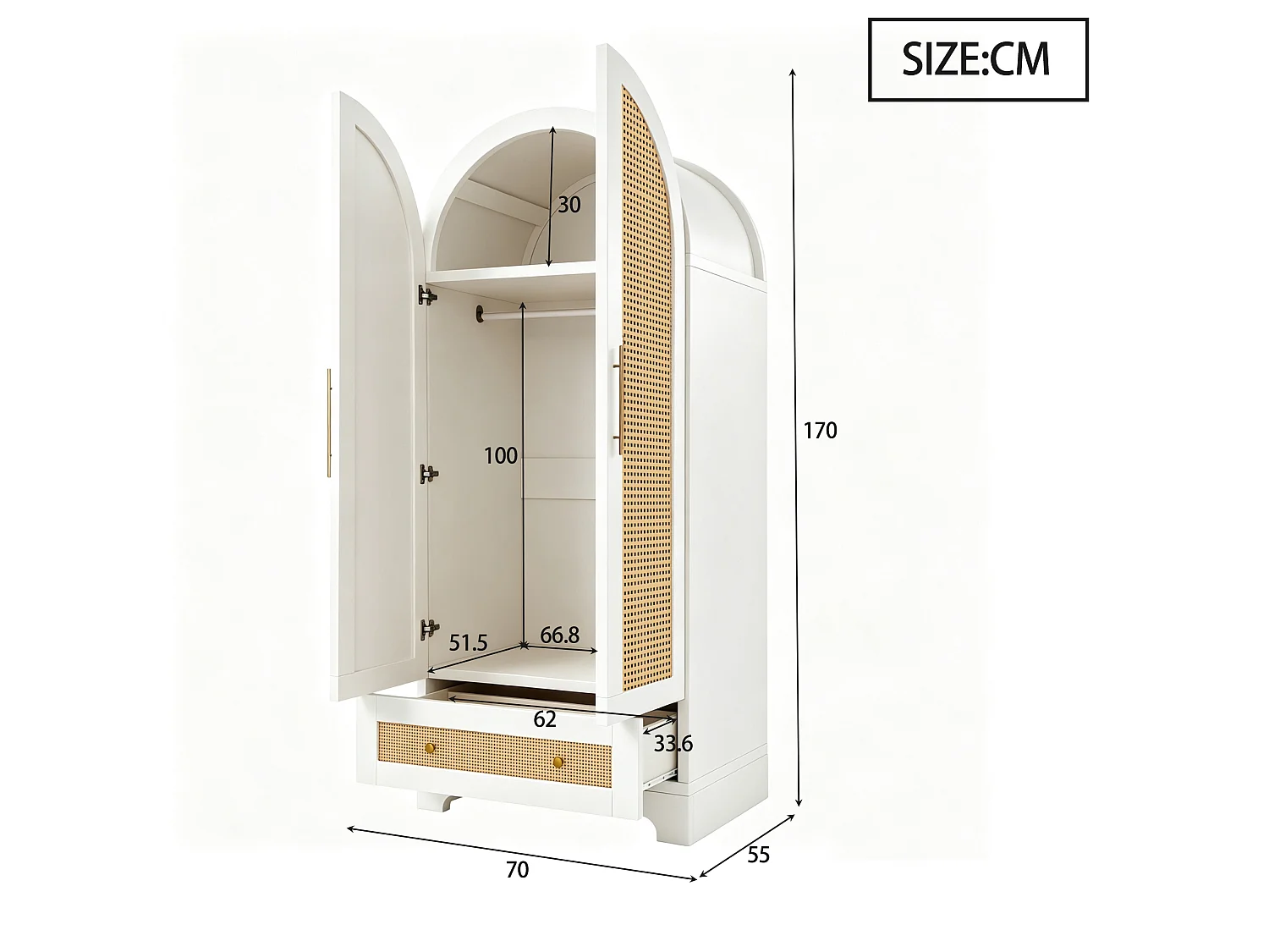 Guarda-roupa de 2 portas com efeito rattan e 1 gaveta - Madeira, metal, madeira compensada e MDF - 70 x 55 x 170 cm - Branco