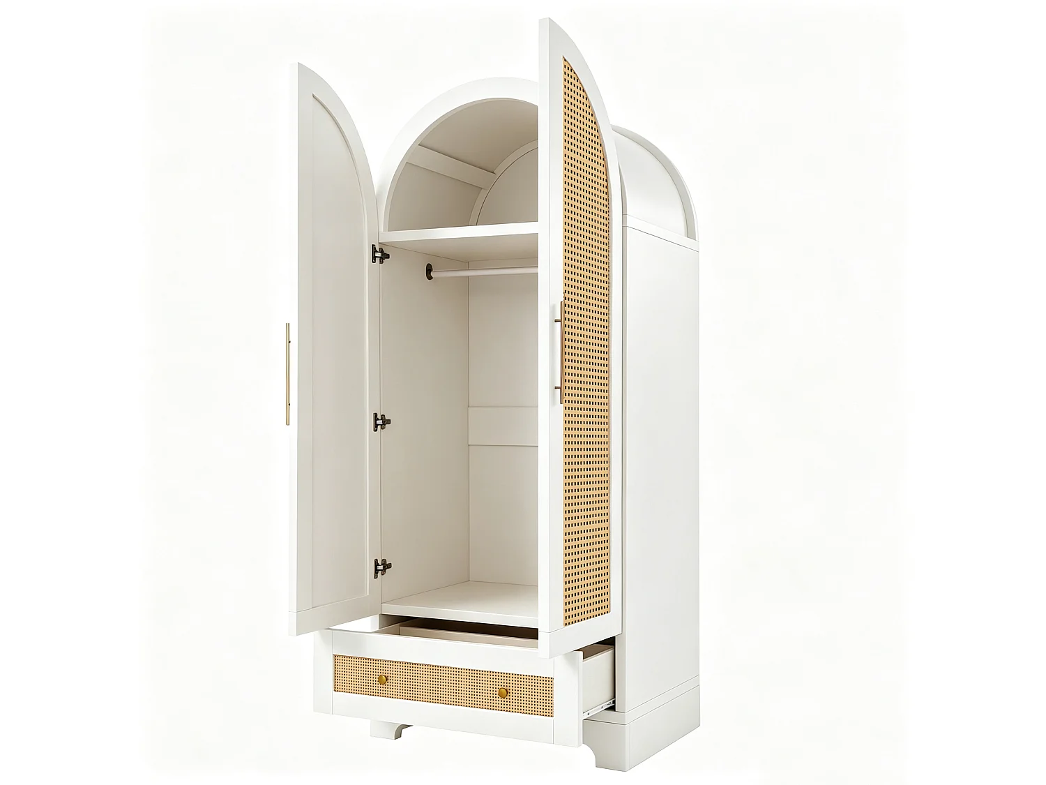 Guarda-roupa de 2 portas com efeito rattan e 1 gaveta - Madeira, metal, madeira compensada e MDF - 70 x 55 x 170 cm - Branco