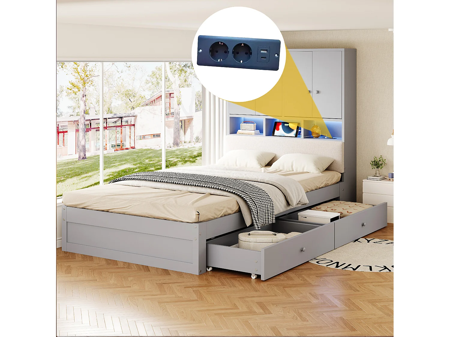 Lit enfant 90 x 200 cm avec tête de rangement, dossier capitonné, 2 tiroirs, prise et LED - Bois - Gris (Sans matelas)
