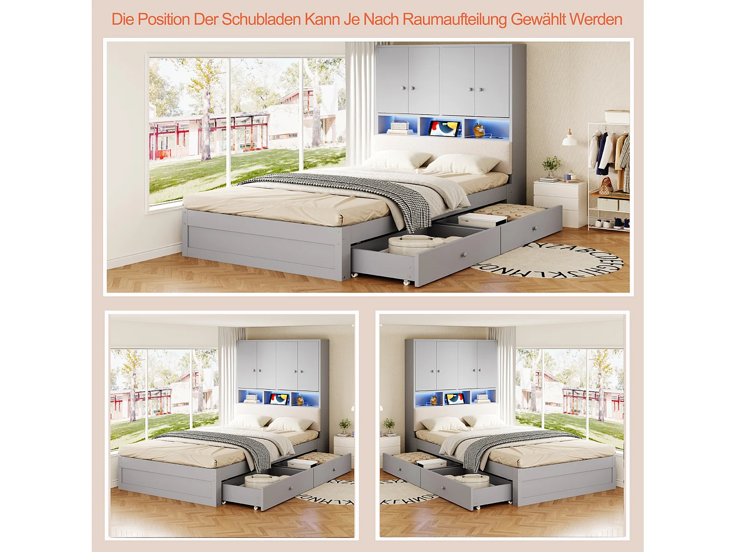 Lit enfant 90 x 200 cm avec tête de rangement, dossier capitonné, 2 tiroirs, prise et LED - Bois - Gris (Sans matelas)