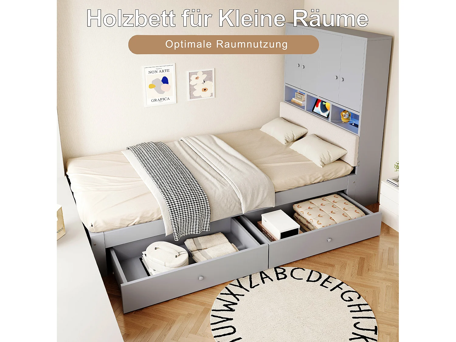 Lit enfant 90 x 200 cm avec tête de rangement, dossier capitonné, 2 tiroirs, prise et LED - Bois - Gris (Sans matelas)