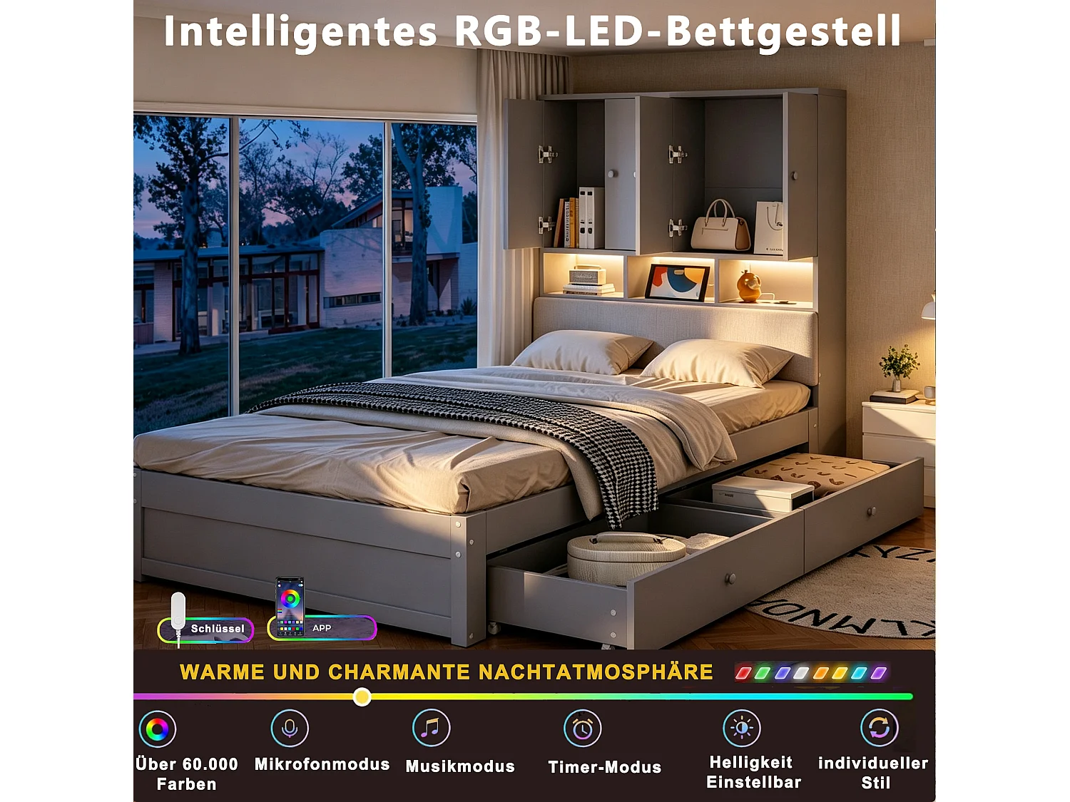 Lit enfant 90 x 200 cm avec tête de rangement, dossier capitonné, 2 tiroirs, prise et LED - Bois - Gris (Sans matelas)