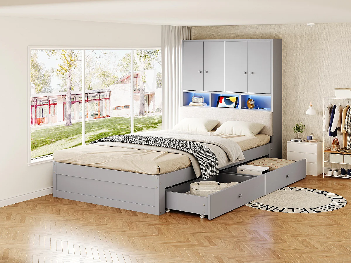 Lit enfant 90 x 200 cm avec tête de rangement, dossier capitonné, 2 tiroirs, prise et LED - Bois - Gris (Sans matelas)