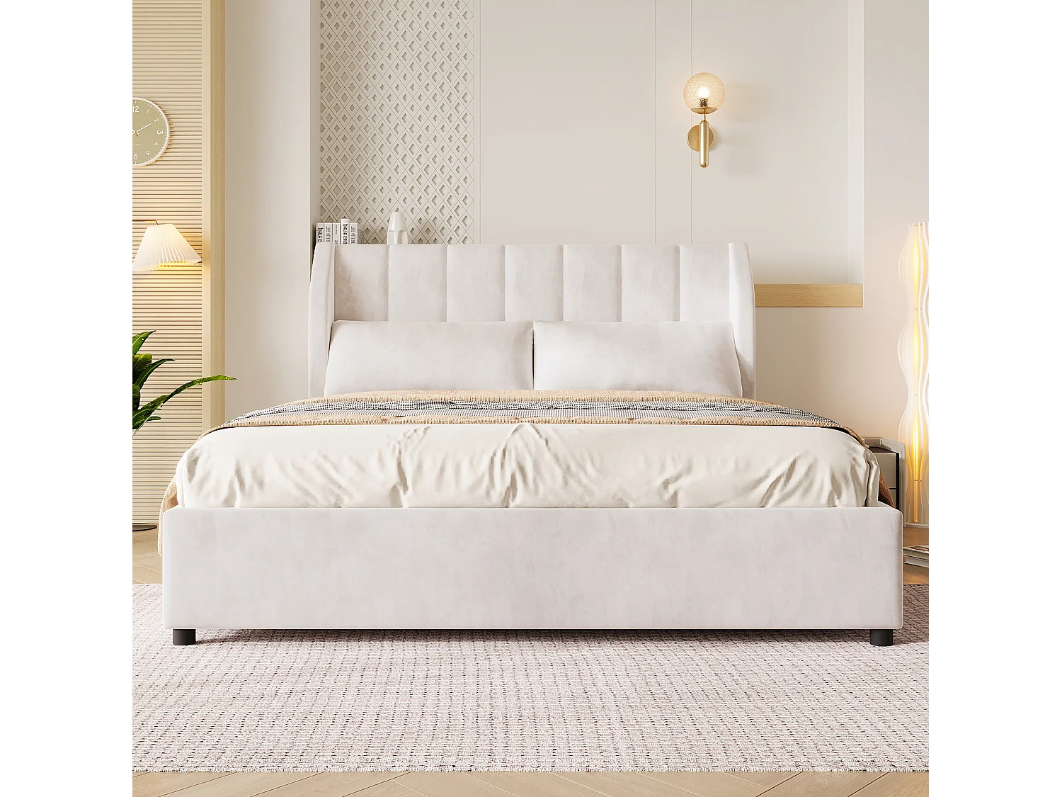 Klädd plattformssäng 140 x 200 cm med 2 kuddar - Sammet - MDF + Flanell - Beige (Madrass ingår ej)