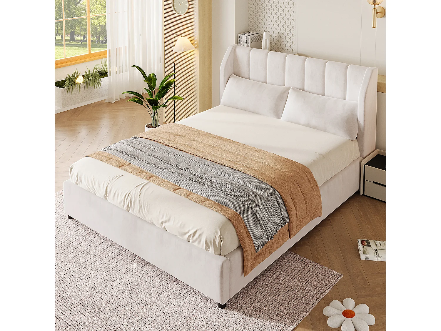 Klädd plattformssäng 140 x 200 cm med 2 kuddar - Sammet - MDF + Flanell - Beige (Madrass ingår ej)