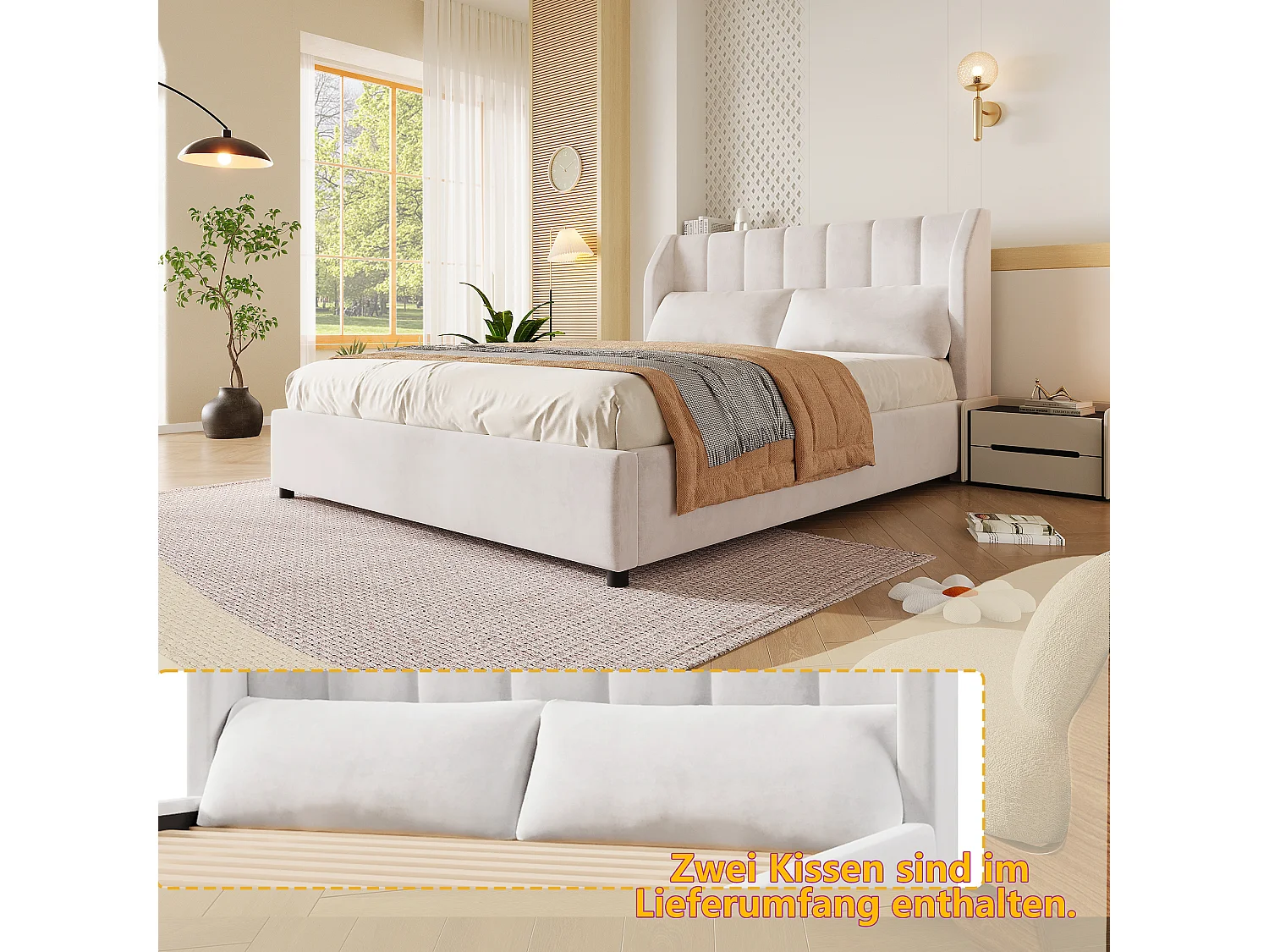 Klädd plattformssäng 140 x 200 cm med 2 kuddar - Sammet - MDF + Flanell - Beige (Madrass ingår ej)