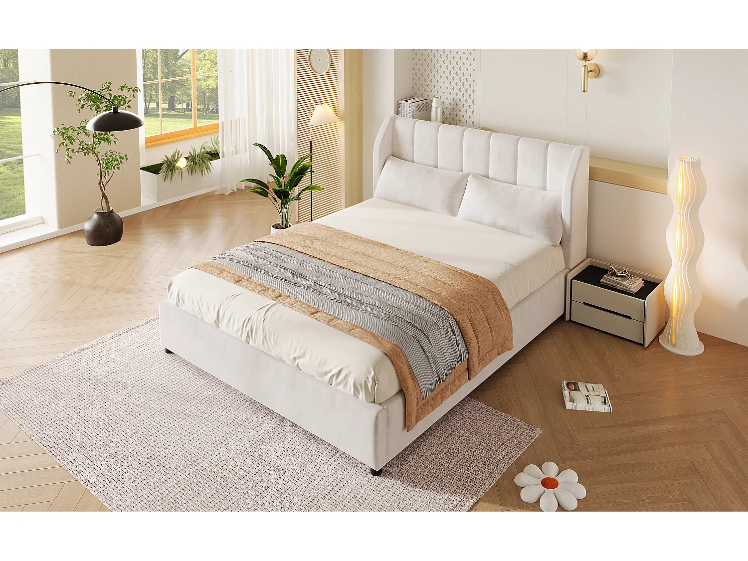 Klädd plattformssäng 140 x 200 cm med 2 kuddar - Sammet - MDF + Flanell - Beige (Madrass ingår ej)