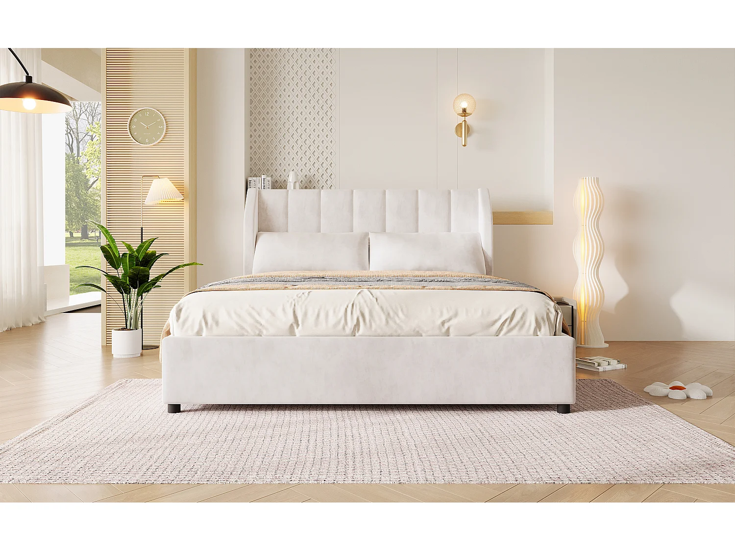 Klädd plattformssäng 140 x 200 cm med 2 kuddar - Sammet - MDF + Flanell - Beige (Madrass ingår ej)