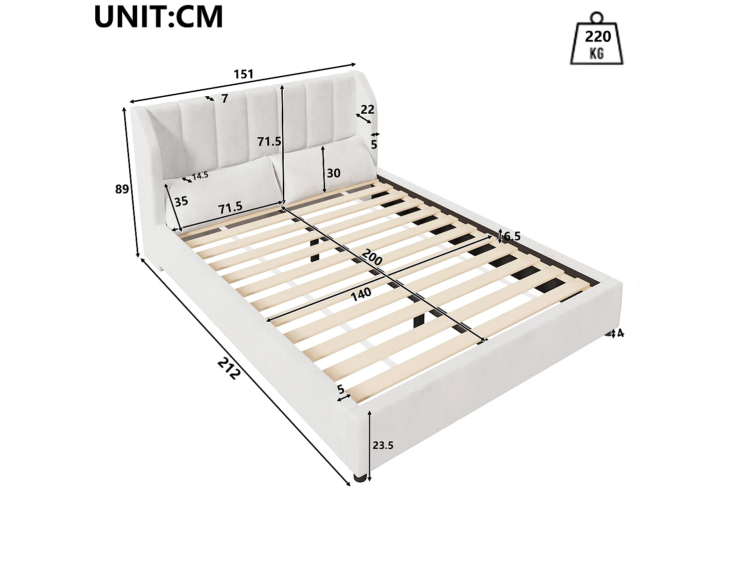 Klädd plattformssäng 140 x 200 cm med 2 kuddar - Sammet - MDF + Flanell - Beige (Madrass ingår ej)