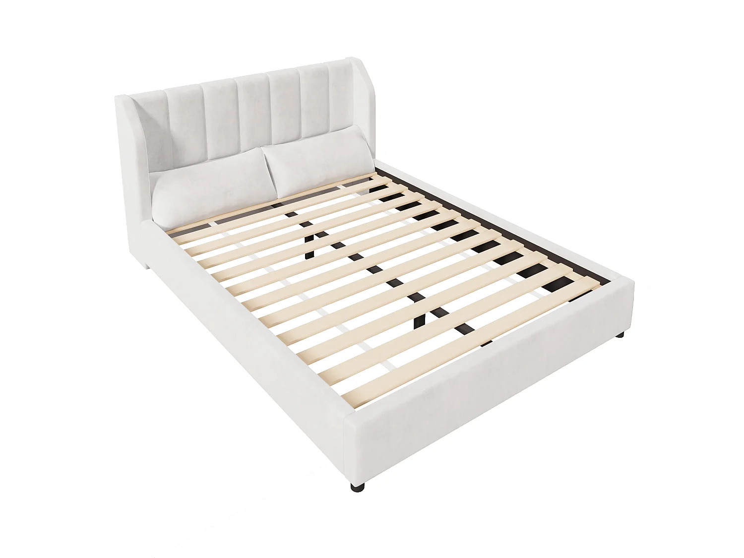 Klädd plattformssäng 140 x 200 cm med 2 kuddar - Sammet - MDF + Flanell - Beige (Madrass ingår ej)
