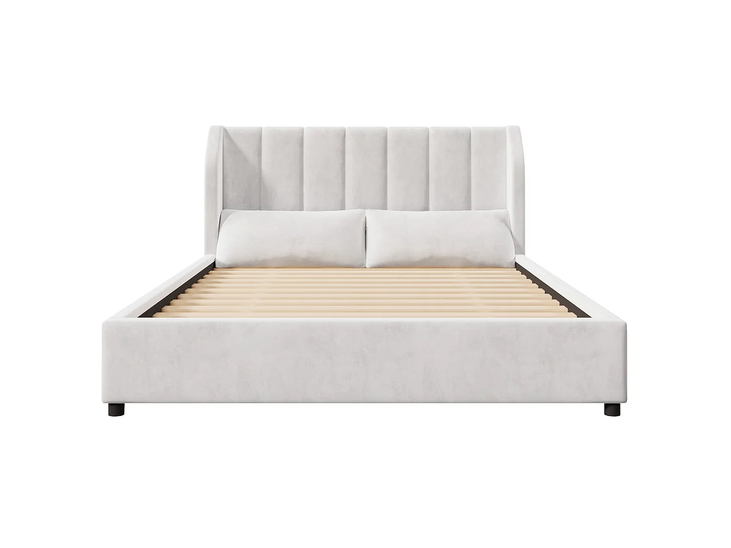 Klädd plattformssäng 140 x 200 cm med 2 kuddar - Sammet - MDF + Flanell - Beige (Madrass ingår ej)