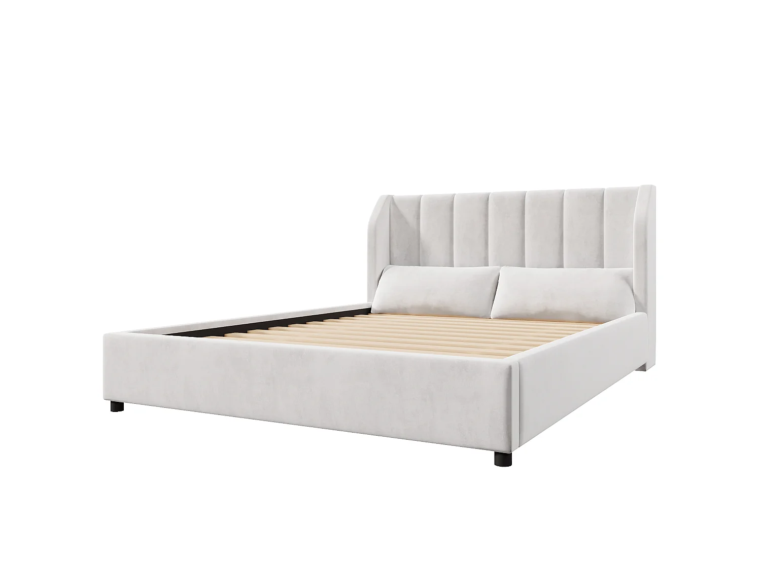 Klädd plattformssäng 140 x 200 cm med 2 kuddar - Sammet - MDF + Flanell - Beige (Madrass ingår ej)