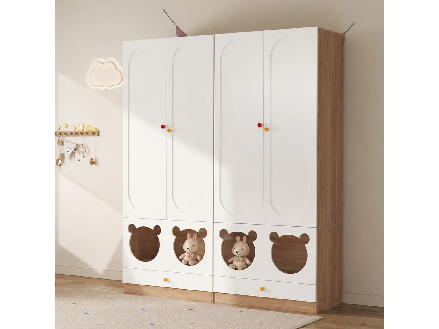 Kombinierter Kleiderschrank mit 4 Türen, Bügelstange und Katzenbett – 160 x 50 x 200 cm – Spanplattenpaneele + Keramikgriffe – Weiß + Natur