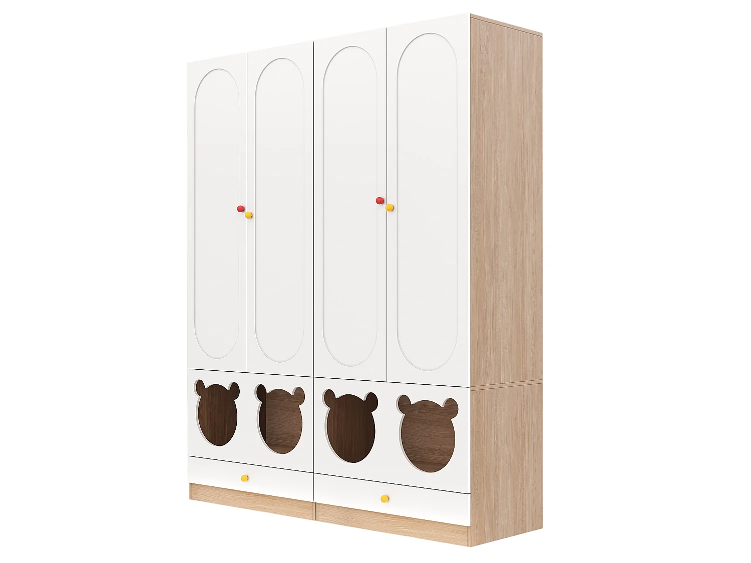 Kombinierter Kleiderschrank mit 4 Türen, Bügelstange und Katzenbett – 160 x 50 x 200 cm – Spanplattenpaneele + Keramikgriffe – Weiß + Natur