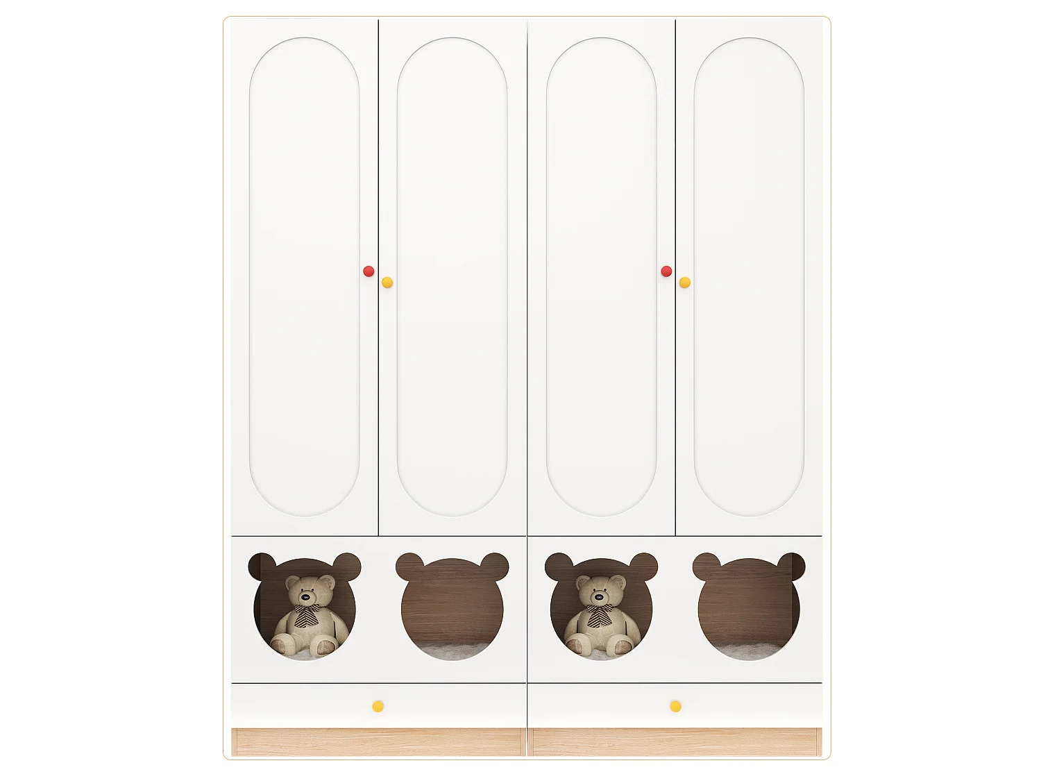 Kombinierter Kleiderschrank mit 4 Türen, Bügelstange und Katzenbett – 160 x 50 x 200 cm – Spanplattenpaneele + Keramikgriffe – Weiß + Natur
