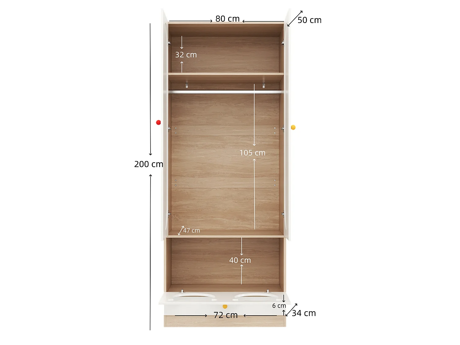 Kombinierter Kleiderschrank mit 4 Türen, Bügelstange und Katzenbett – 160 x 50 x 200 cm – Spanplattenpaneele + Keramikgriffe – Weiß + Natur