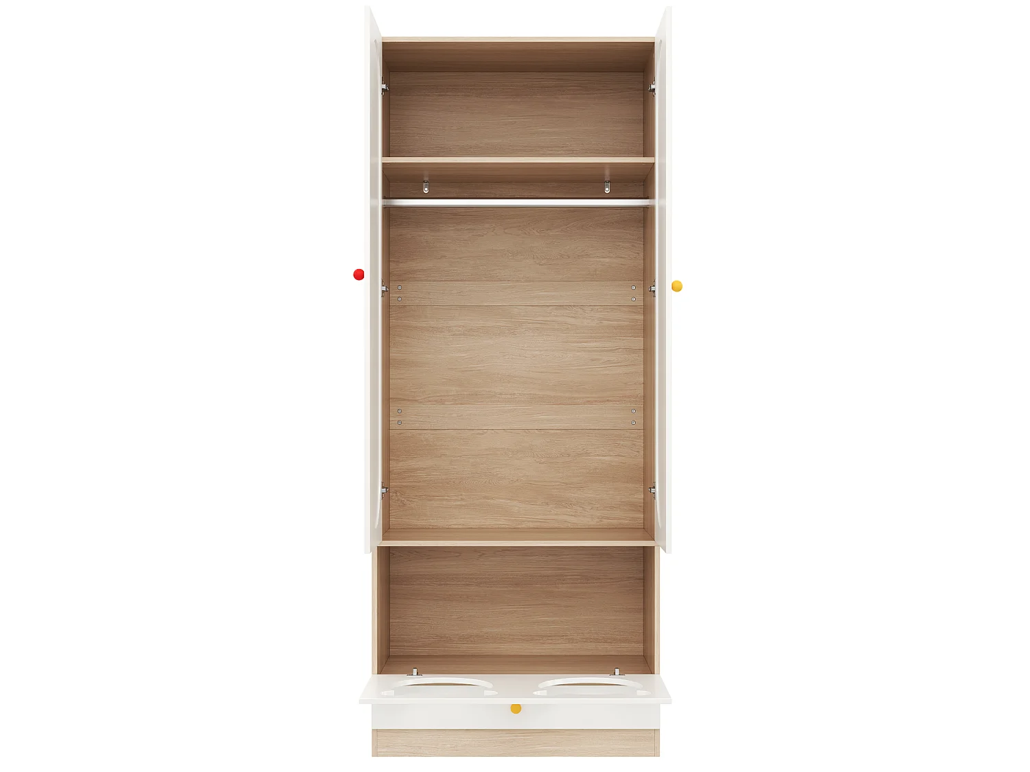 Kombinierter Kleiderschrank mit 4 Türen, Bügelstange und Katzenbett – 160 x 50 x 200 cm – Spanplattenpaneele + Keramikgriffe – Weiß + Natur