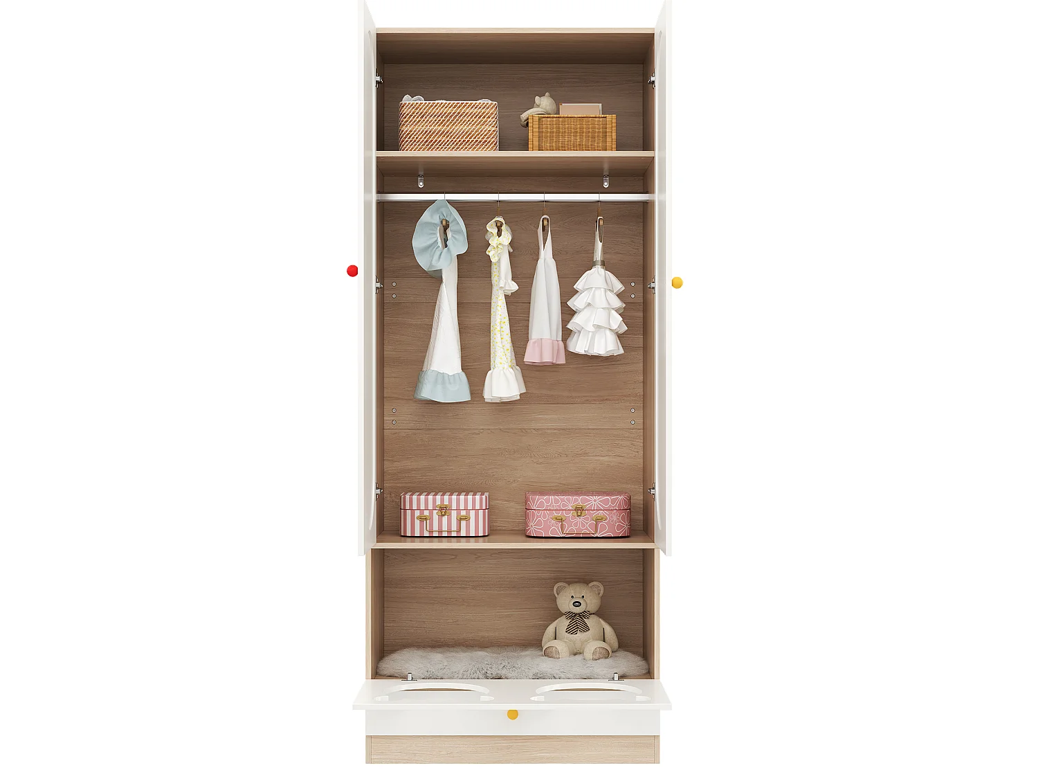Kombinierter Kleiderschrank mit 4 Türen, Bügelstange und Katzenbett – 160 x 50 x 200 cm – Spanplattenpaneele + Keramikgriffe – Weiß + Natur