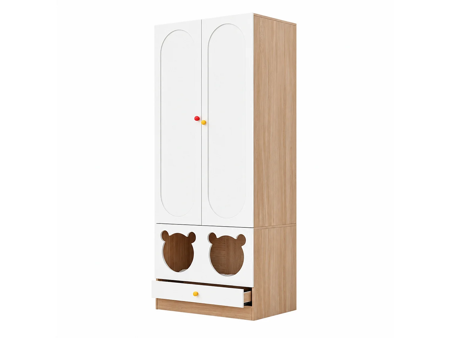 Kombinierter Kleiderschrank mit 4 Türen, Bügelstange und Katzenbett – 160 x 50 x 200 cm – Spanplattenpaneele + Keramikgriffe – Weiß + Natur