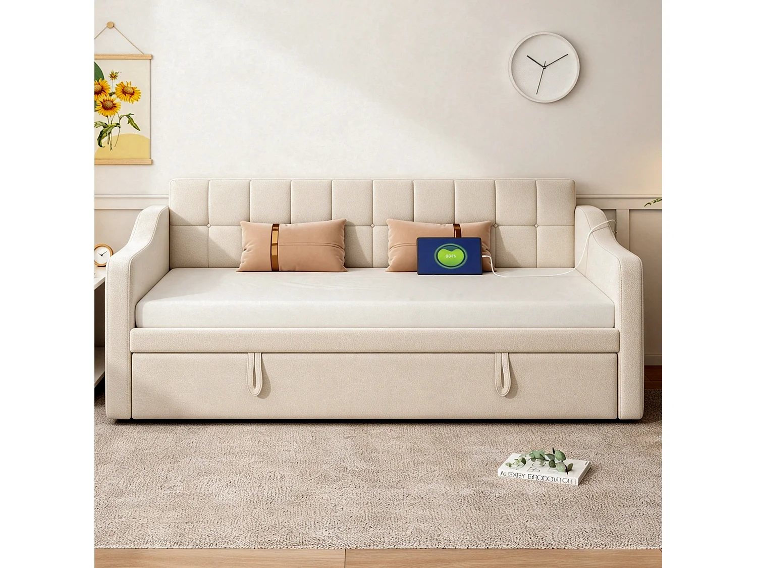 Letto estraibile allungabile 90/180 x 190 cm con porte USB e tasche portaoggetti - Velluto - Beige (Materasso non incluso)