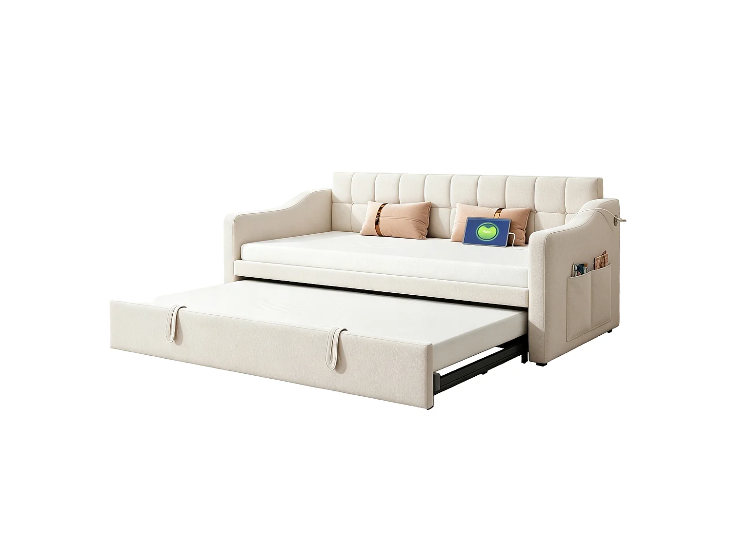 Letto estraibile allungabile 90/180 x 190 cm con porte USB e tasche portaoggetti - Velluto - Beige (Materasso non incluso)