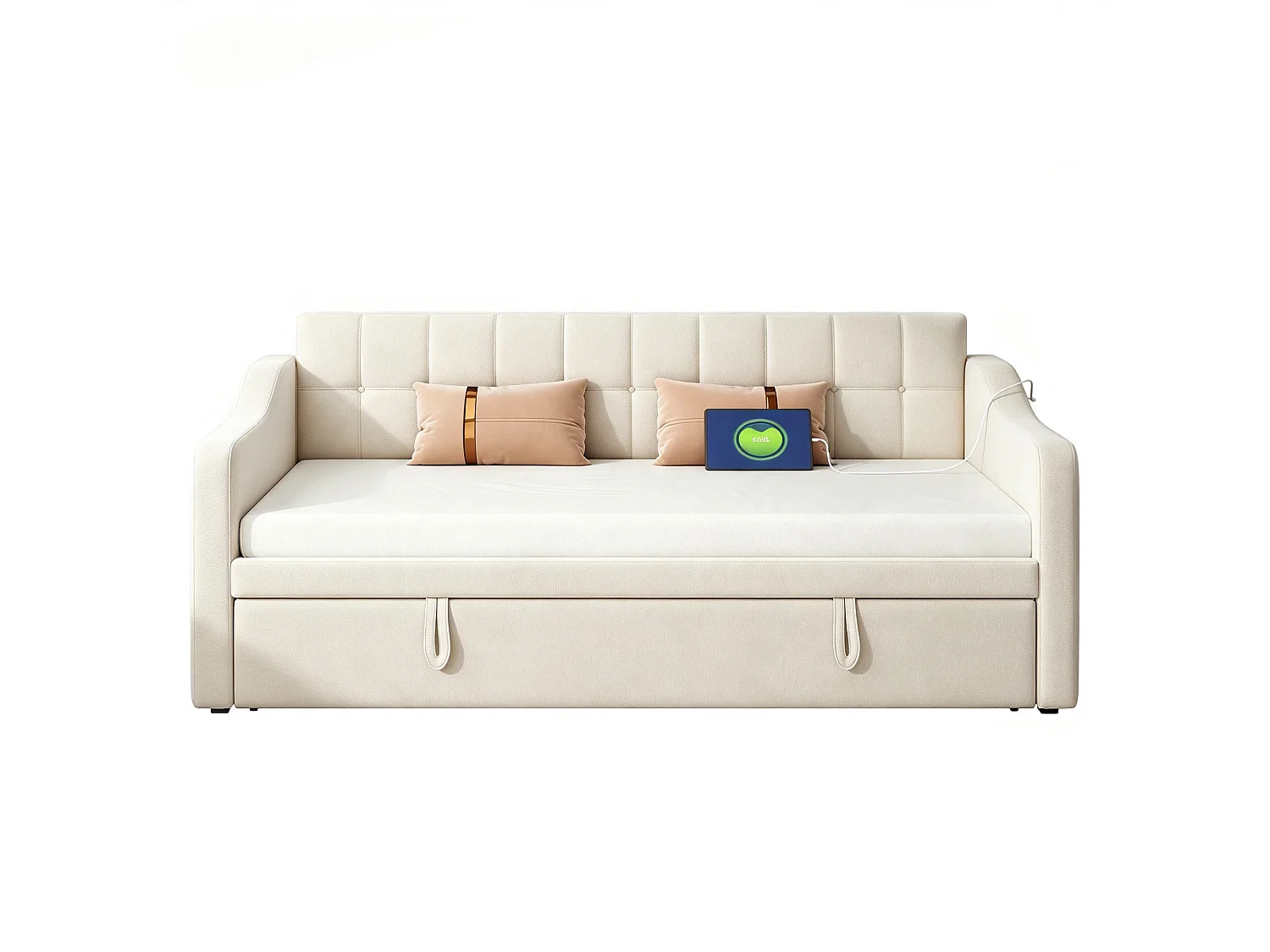 Letto estraibile allungabile 90/180 x 190 cm con porte USB e tasche portaoggetti - Velluto - Beige (Materasso non incluso)