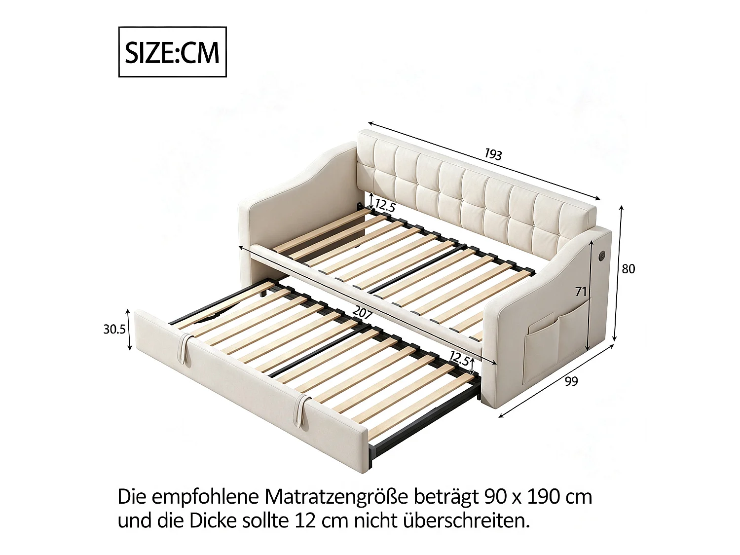 Letto estraibile allungabile 90/180 x 190 cm con porte USB e tasche portaoggetti - Velluto - Beige (Materasso non incluso)