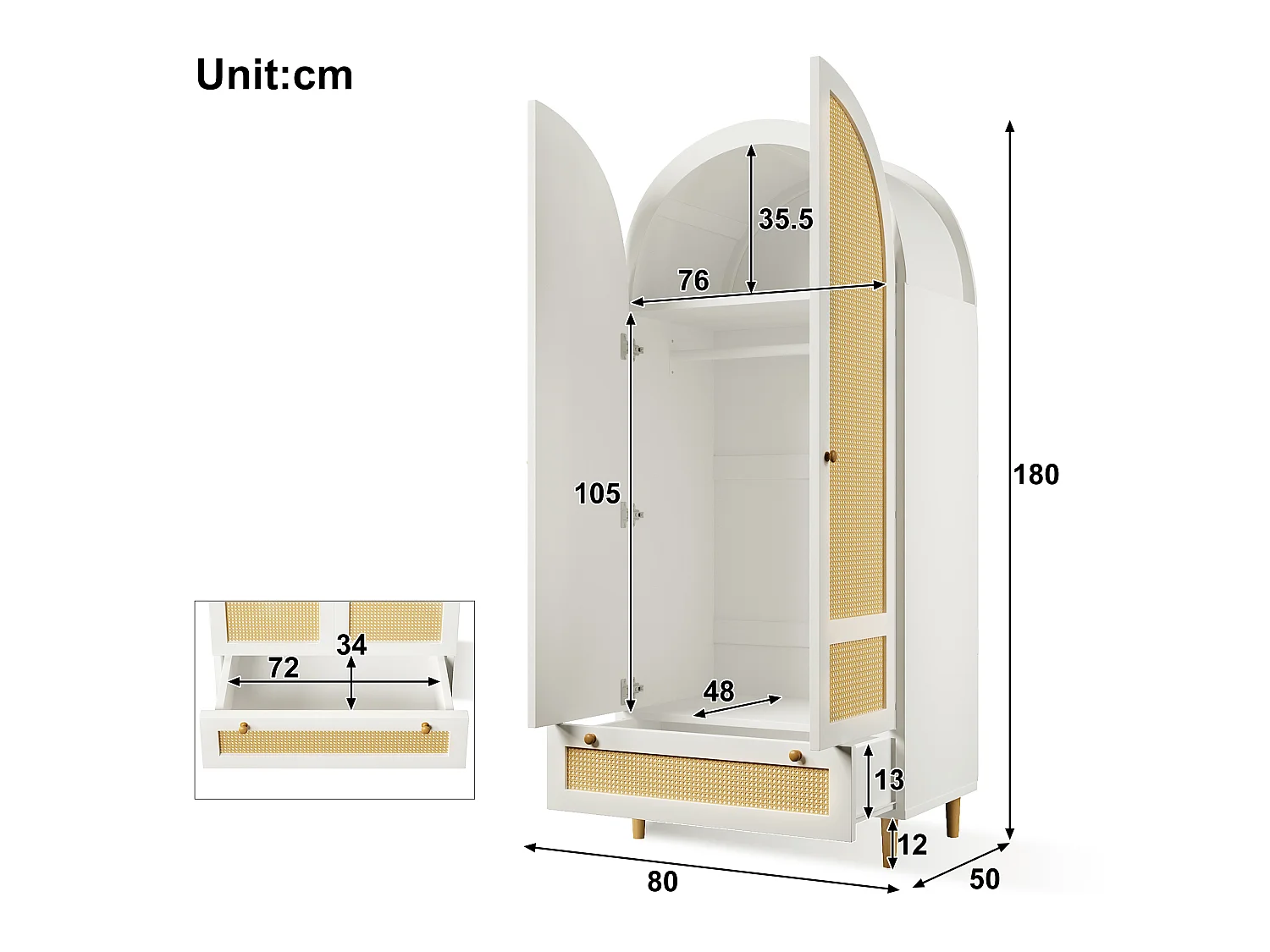 Guarda-roupa de 2 portas com cabideiro, 1 gaveta e portas arqueadas com efeito de rattan - MDF - 80 x 50 x 180 cm - Branco