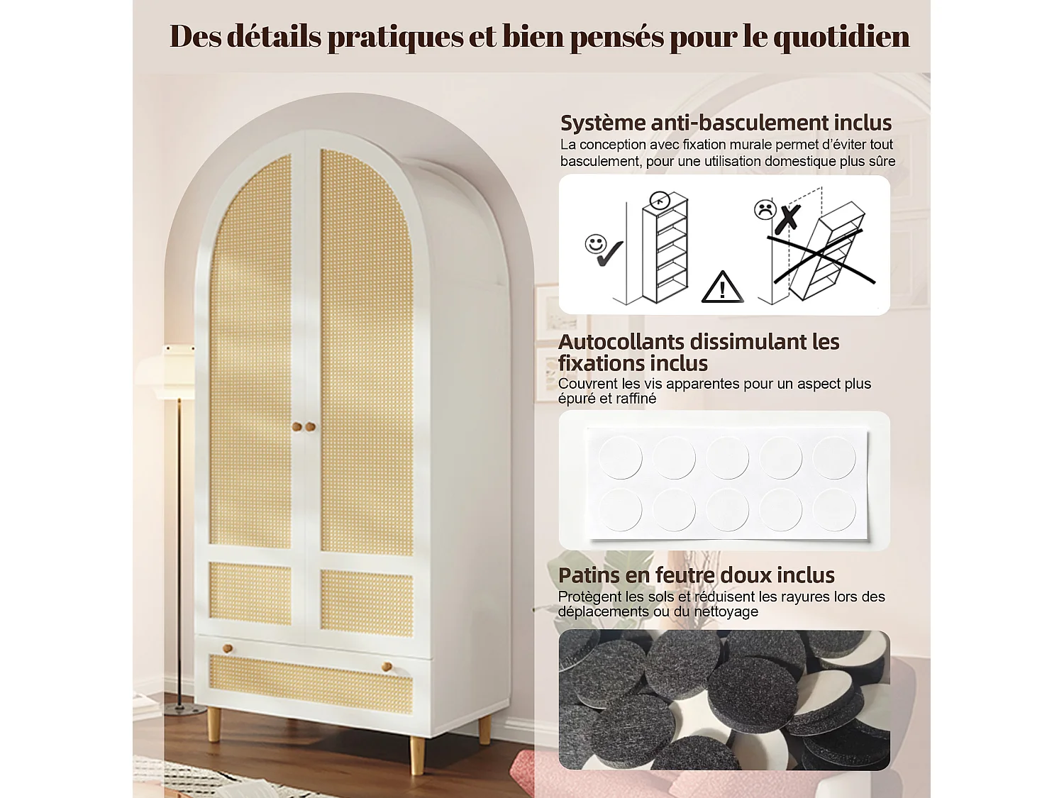 Guarda-roupa de 2 portas com cabideiro, 1 gaveta e portas arqueadas com efeito de rattan - MDF - 80 x 50 x 180 cm - Branco