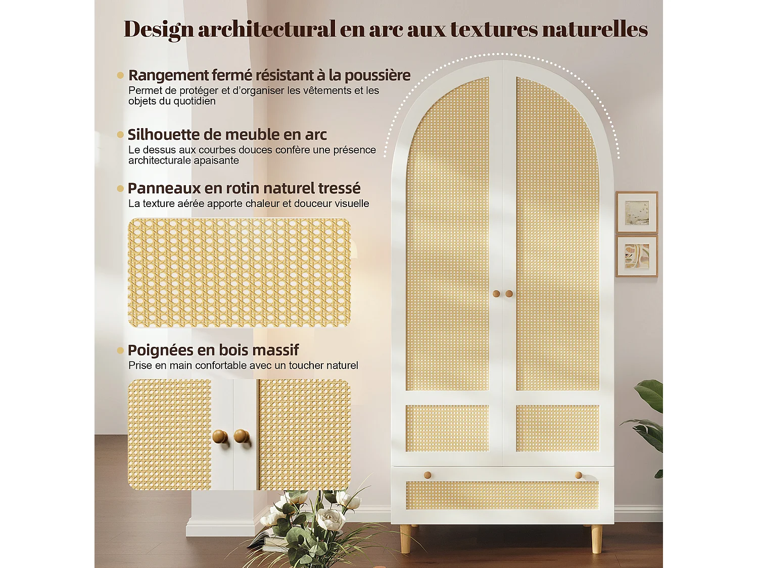 Guarda-roupa de 2 portas com cabideiro, 1 gaveta e portas arqueadas com efeito de rattan - MDF - 80 x 50 x 180 cm - Branco